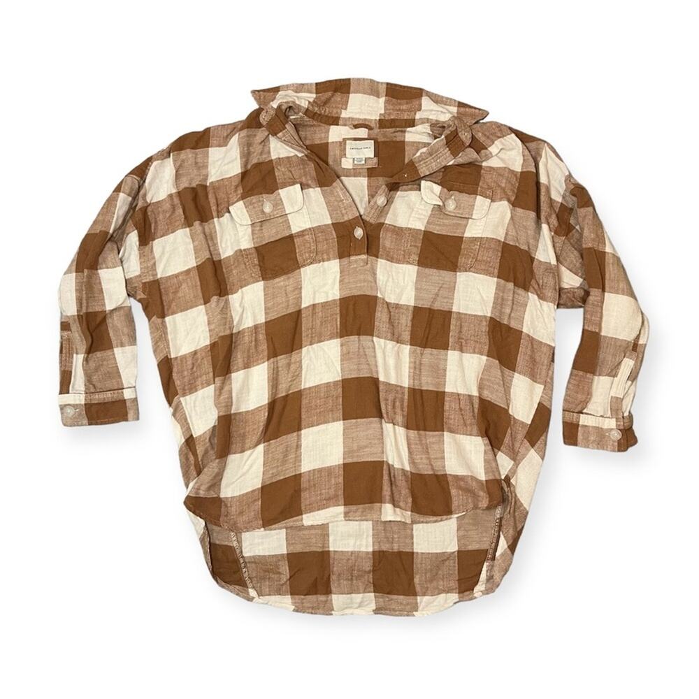 American Eagle White Brown Plaid Checkered Oversized Quarter Flannel Size XL